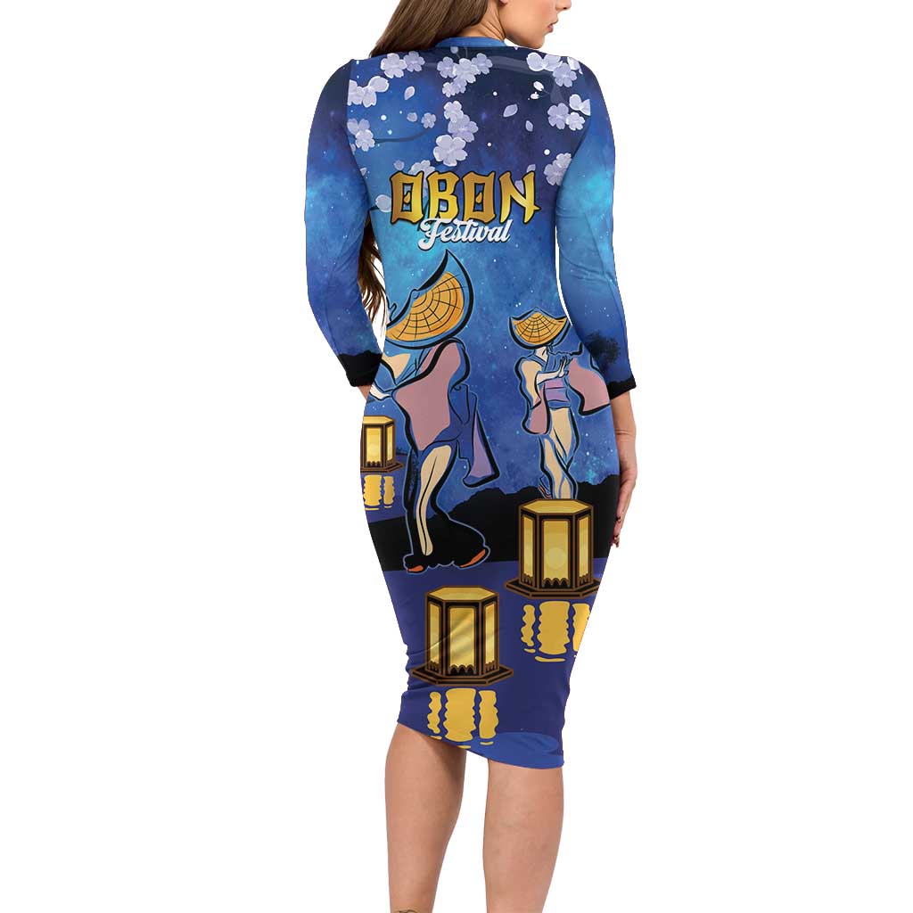 Japan Obon Festival Long Sleeve Bodycon Dress Sakura Lanterns With Bon Dance - Polynesian Pride