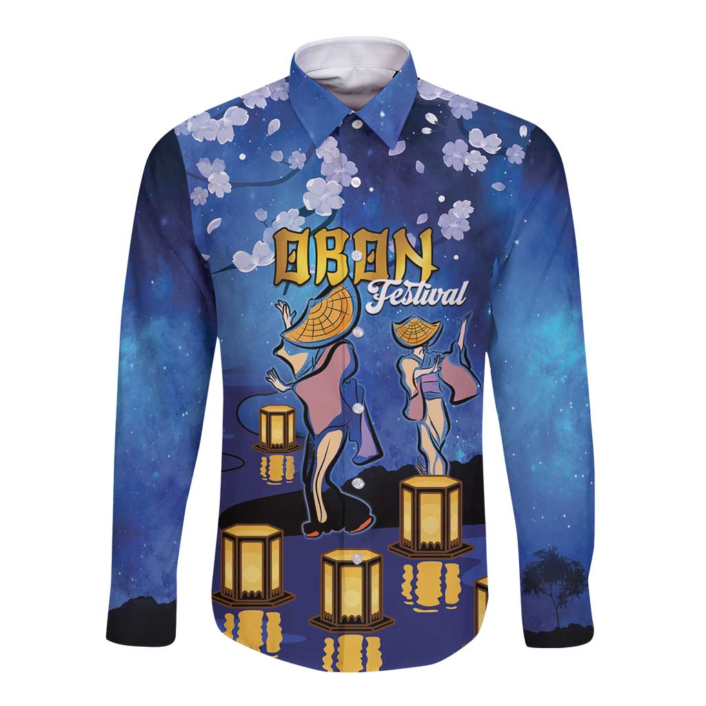 Japan Obon Festival Long Sleeve Button Shirt Sakura Lanterns With Bon Dance - Polynesian Pride