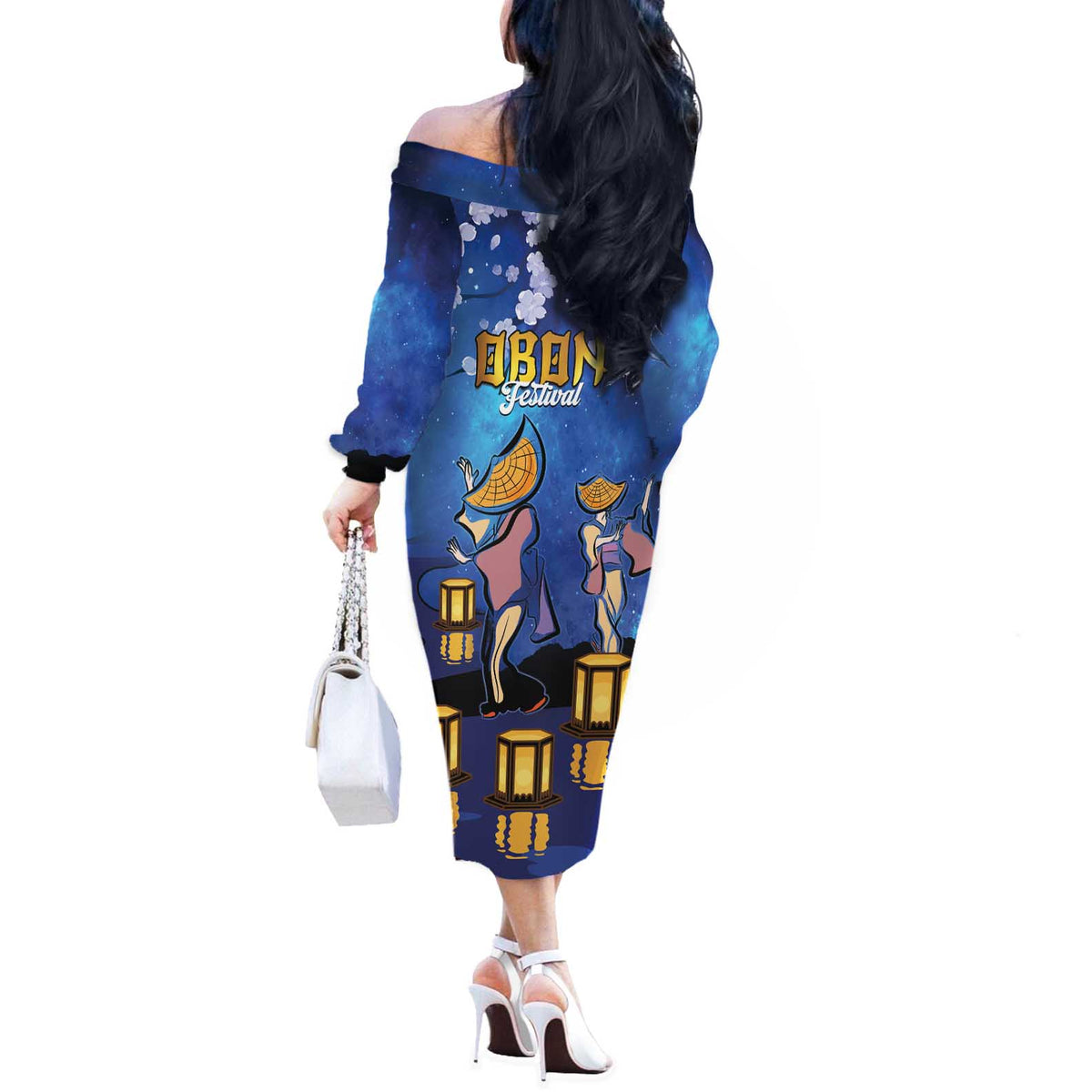 Japan Obon Festival Off The Shoulder Long Sleeve Dress Sakura Lanterns With Bon Dance - Polynesian Pride
