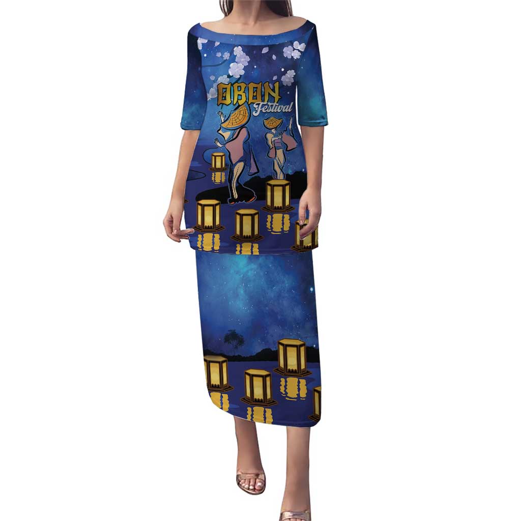 Japan Obon Festival Puletasi Sakura Lanterns With Bon Dance LT14 Long Dress Blue - Polynesian Pride