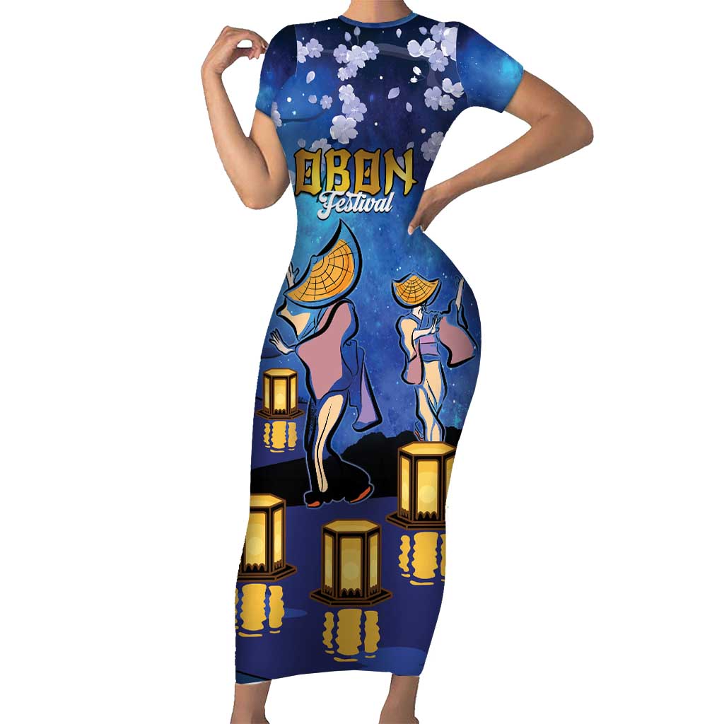 Japan Obon Festival Short Sleeve Bodycon Dress Sakura Lanterns With Bon Dance - Polynesian Pride