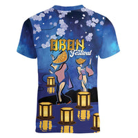 Japan Obon Festival Women V-Neck T-Shirt Sakura Lanterns With Bon Dance - Polynesian Pride