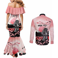Personalised Japan Samurai Warrior Couples Matching Mermaid Dress and Long Sleeve Button Shirt Japanese Cherry Blossom Polynesian Pattern - Polynesian Pride