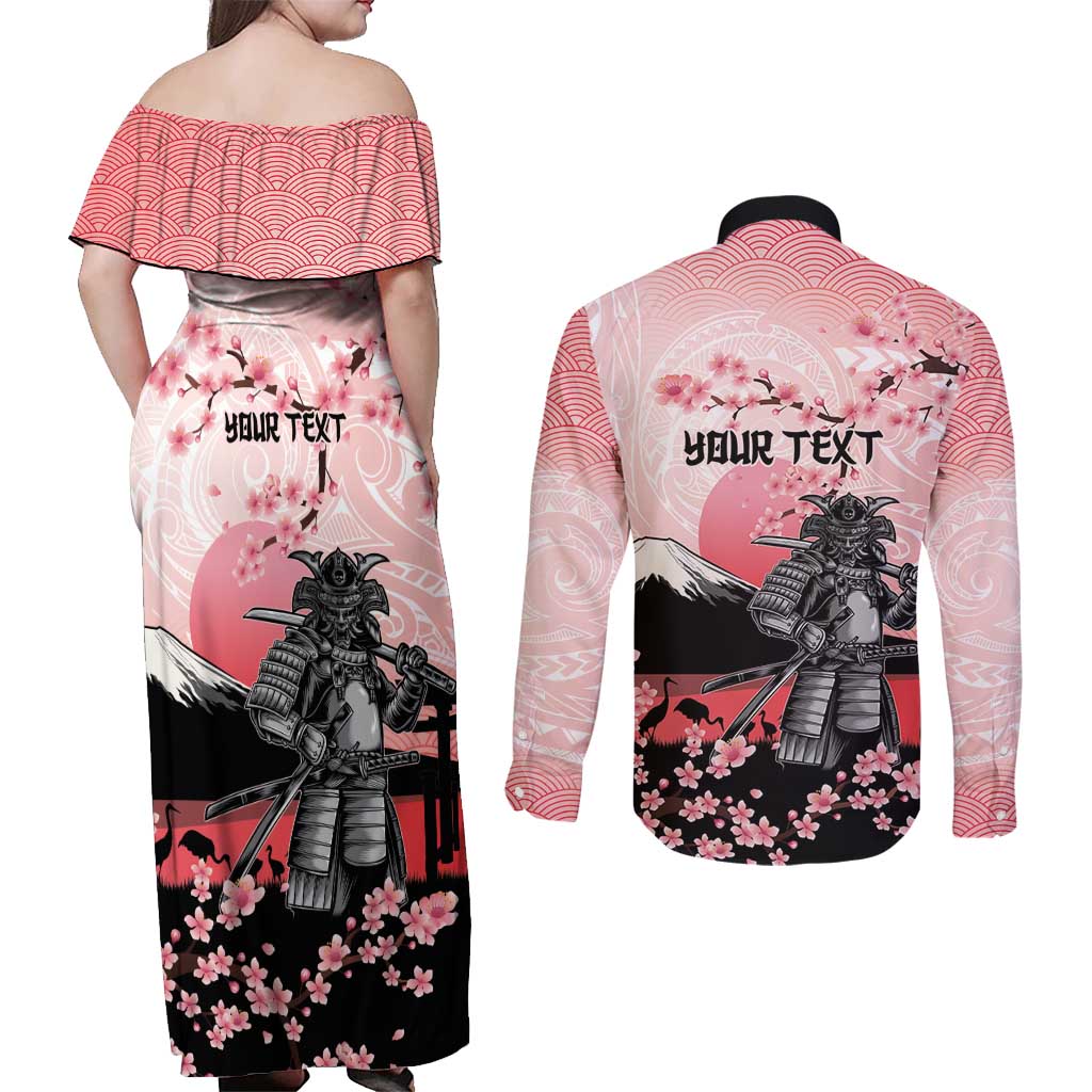 Personalised Japan Samurai Warrior Couples Matching Off Shoulder Maxi Dress and Long Sleeve Button Shirt Japanese Cherry Blossom Polynesian Pattern - Polynesian Pride