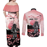 Personalised Japan Samurai Warrior Couples Matching Off Shoulder Maxi Dress and Long Sleeve Button Shirt Japanese Cherry Blossom Polynesian Pattern - Polynesian Pride