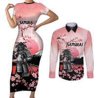 Personalised Japan Samurai Warrior Couples Matching Short Sleeve Bodycon Dress and Long Sleeve Button Shirt Japanese Cherry Blossom Polynesian Pattern - Polynesian Pride