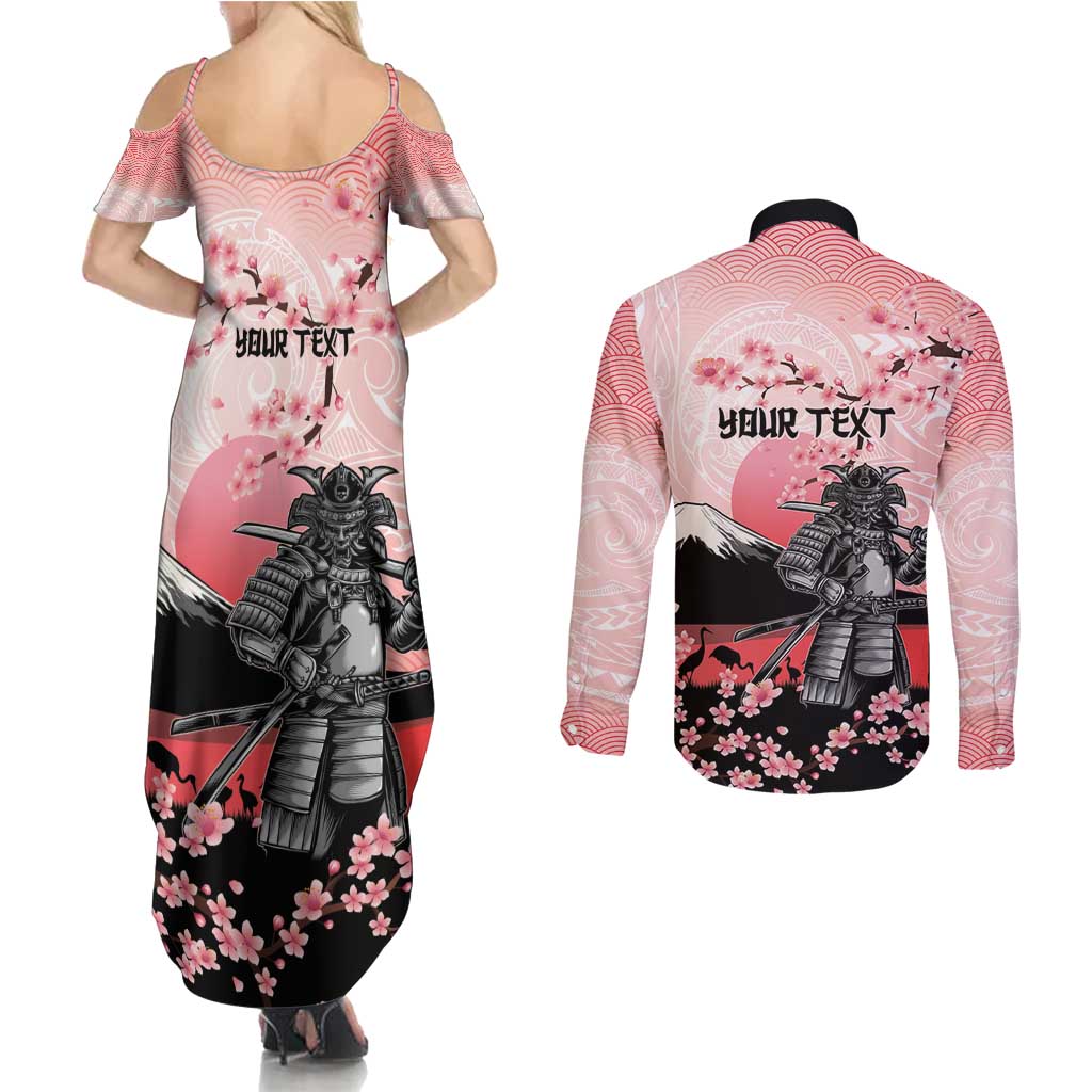 Personalised Japan Samurai Warrior Couples Matching Summer Maxi Dress and Long Sleeve Button Shirt Japanese Cherry Blossom Polynesian Pattern - Polynesian Pride