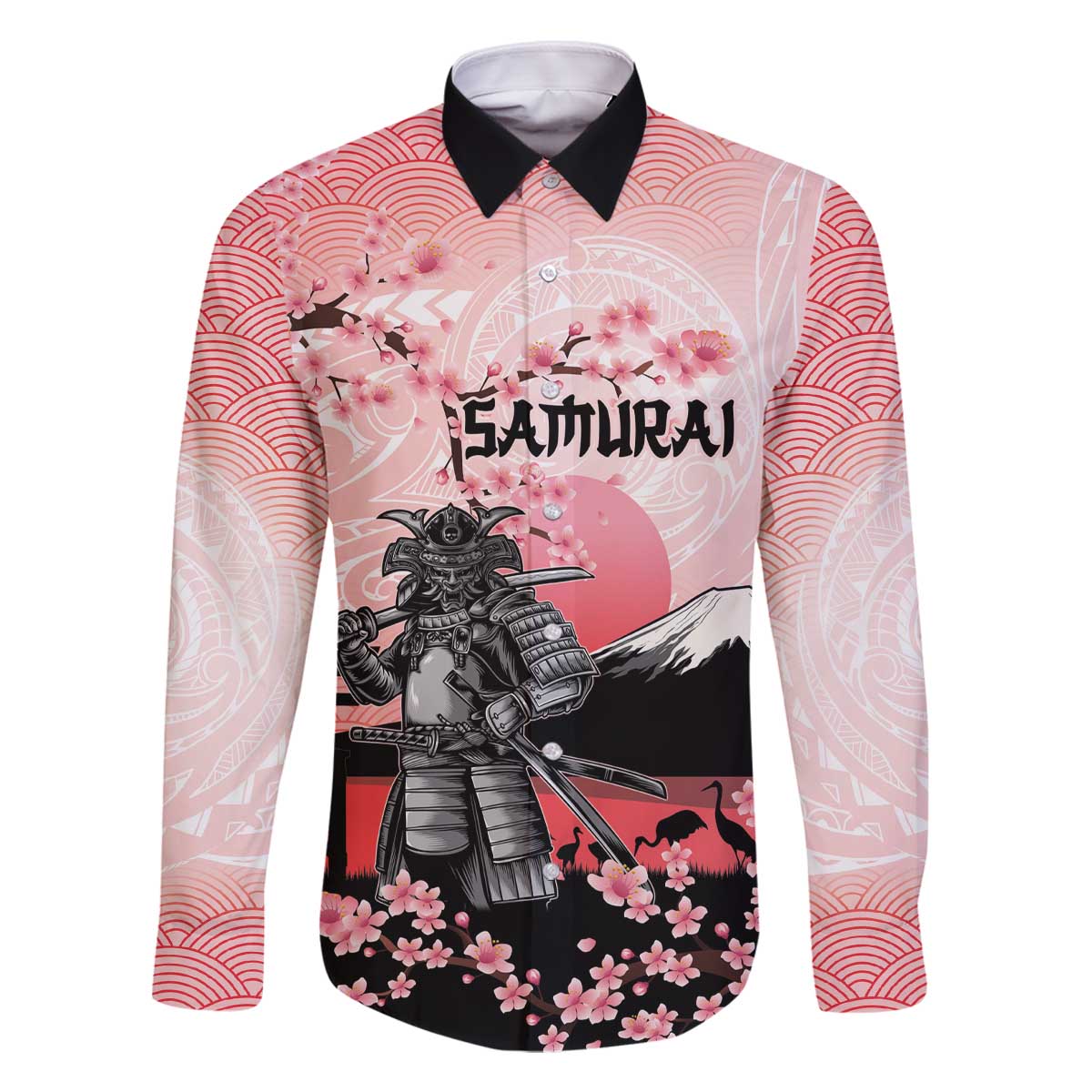 Personalised Japan Samurai Warrior Family Matching Off The Shoulder Long Sleeve Dress and Hawaiian Shirt Japanese Cherry Blossom Polynesian Pattern - Polynesian Pride