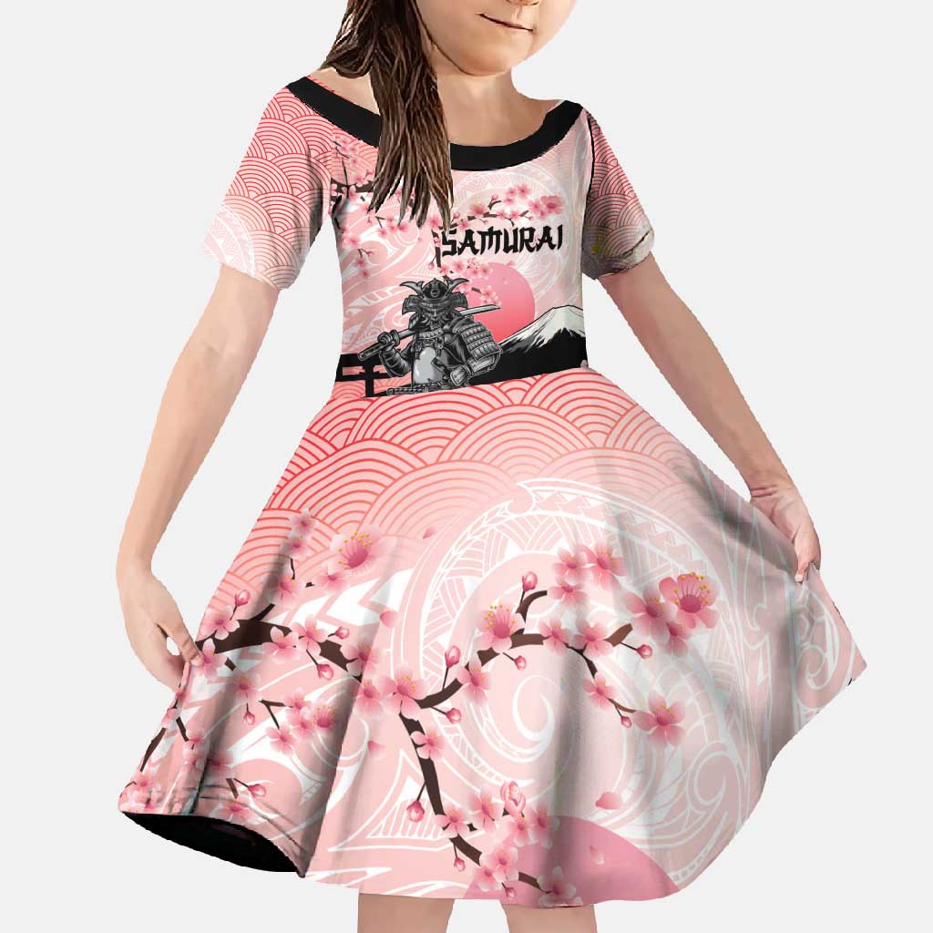 Personalised Japan Samurai Warrior Family Matching Summer Maxi Dress and Hawaiian Shirt Japanese Cherry Blossom Polynesian Pattern LT14 Daughter's Dress Pink - Polynesian Pride