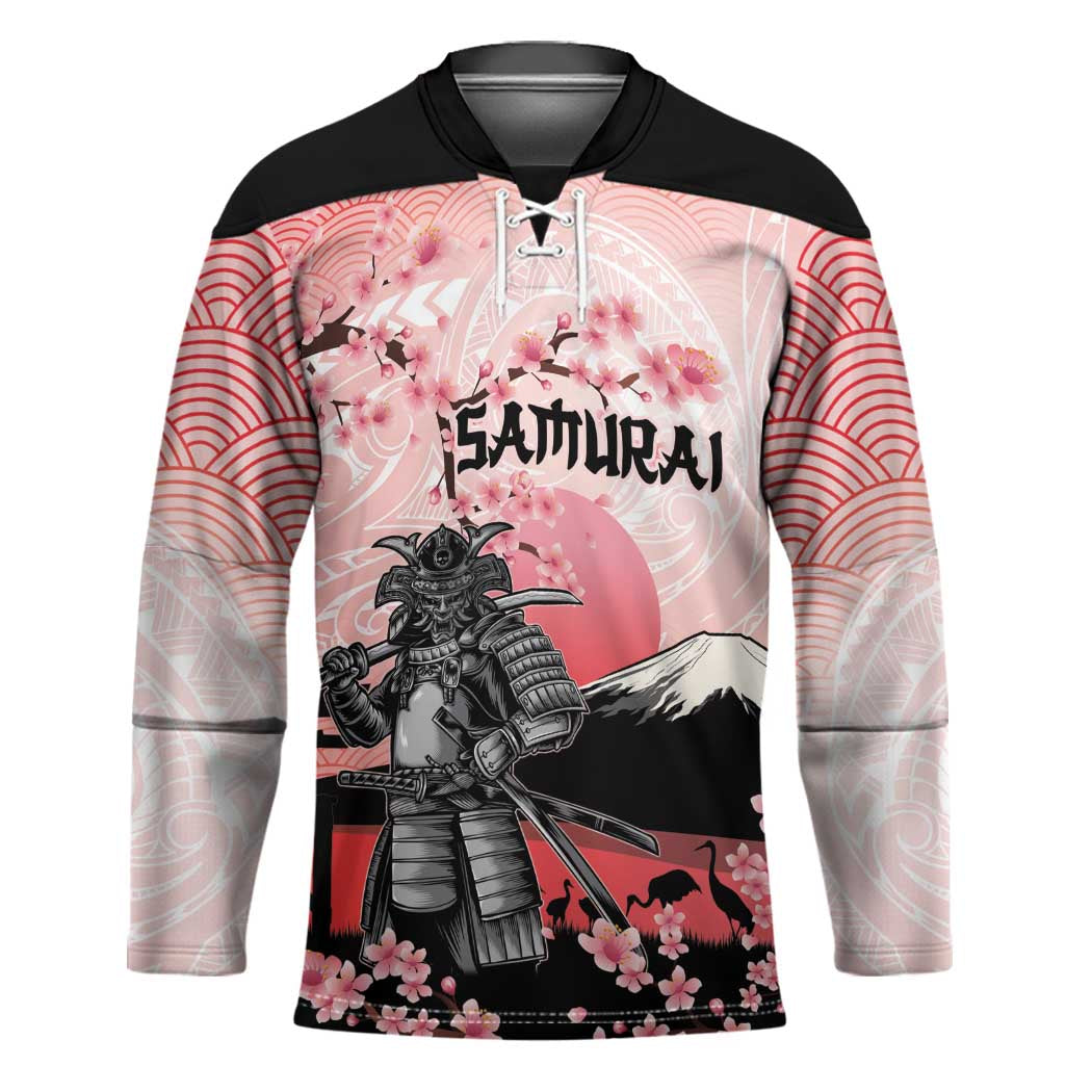 Personalised Japan Samurai Warrior Hockey Jersey Japanese Cherry Blossom Polynesian Pattern - Polynesian Pride