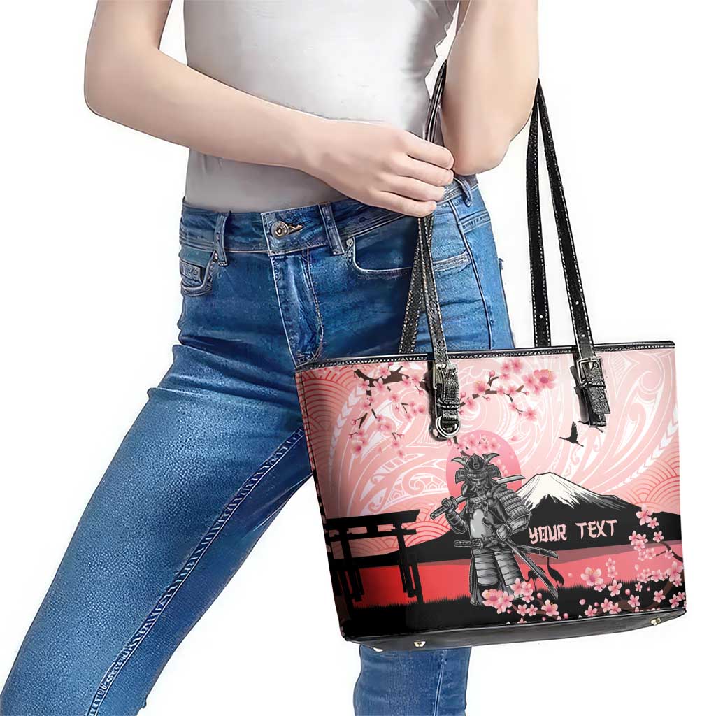 Personalised Japan Samurai Warrior Leather Tote Bag Japanese Cherry Blossom Polynesian Pattern - Polynesian Pride