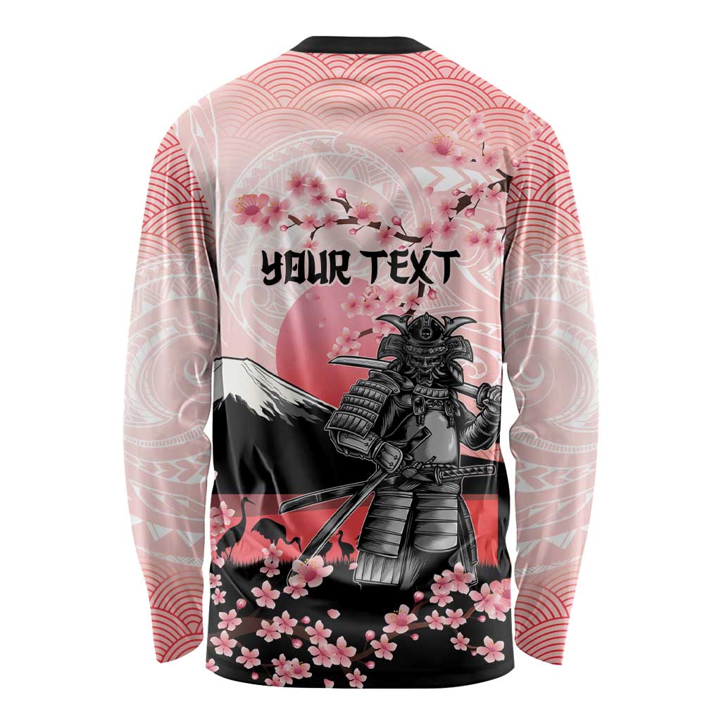 Personalised Japan Samurai Warrior Long Sleeve Shirt Japanese Cherry Blossom Polynesian Pattern - Polynesian Pride