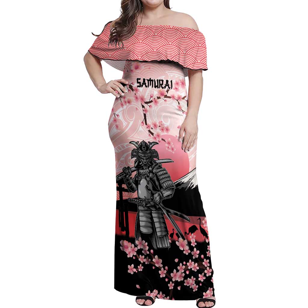 Personalised Japan Samurai Warrior Off Shoulder Maxi Dress Japanese Cherry Blossom Polynesian Pattern - Polynesian Pride