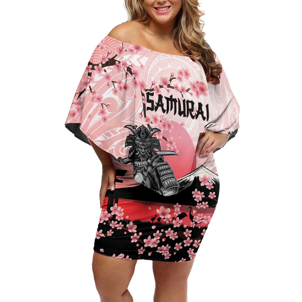 Personalised Japan Samurai Warrior Off Shoulder Short Dress Japanese Cherry Blossom Polynesian Pattern - Polynesian Pride