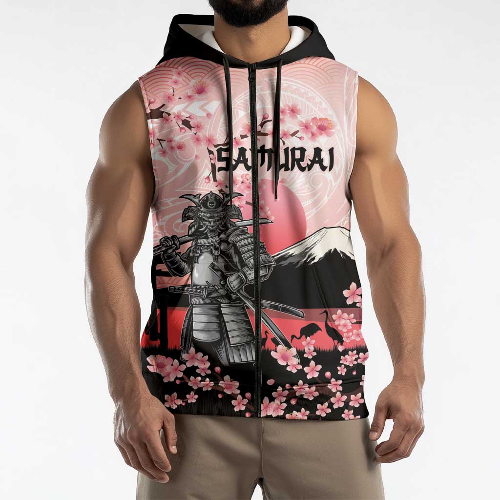 Personalised Japan Samurai Warrior Sleeveless Zip Hoodie Japanese Cherry Blossom Polynesian Pattern - Polynesian Pride