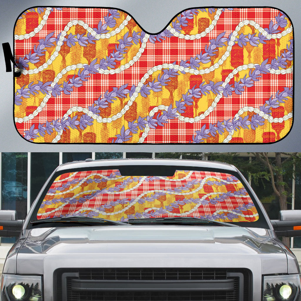 Hawaii Kahili Palaka Motifs Auto Sun Shade Hawaiian Honohono Pikake Lei LT14 Red - Polynesian Pride