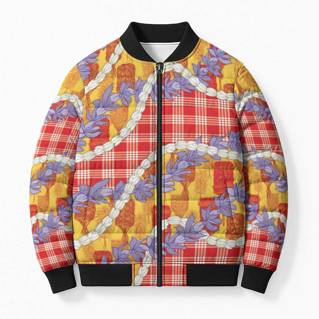 Hawaii Kahili Palaka Motifs Bomber Puffer Jacket Hawaiian Honohono Pikake Lei
