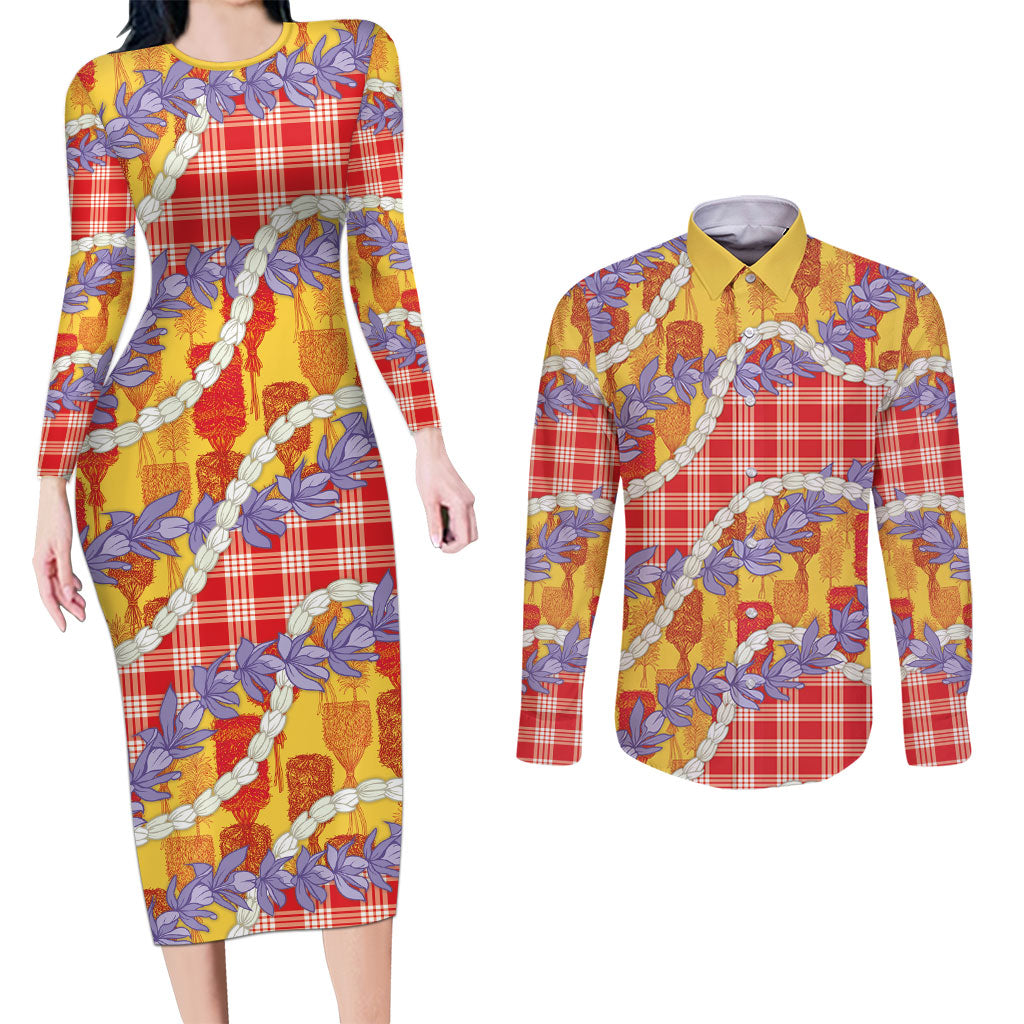 Hawaii Kahili Palaka Motifs Couples Matching Long Sleeve Bodycon Dress and Long Sleeve Button Shirt Hawaiian Honohono Pikake Lei