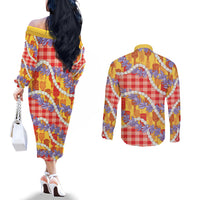 Hawaii Kahili Palaka Motifs Couples Matching Off The Shoulder Long Sleeve Dress and Long Sleeve Button Shirt Hawaiian Honohono Pikake Lei
