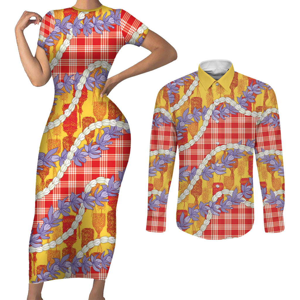 Hawaii Kahili Palaka Motifs Couples Matching Short Sleeve Bodycon Dress and Long Sleeve Button Shirt Hawaiian Honohono Pikake Lei