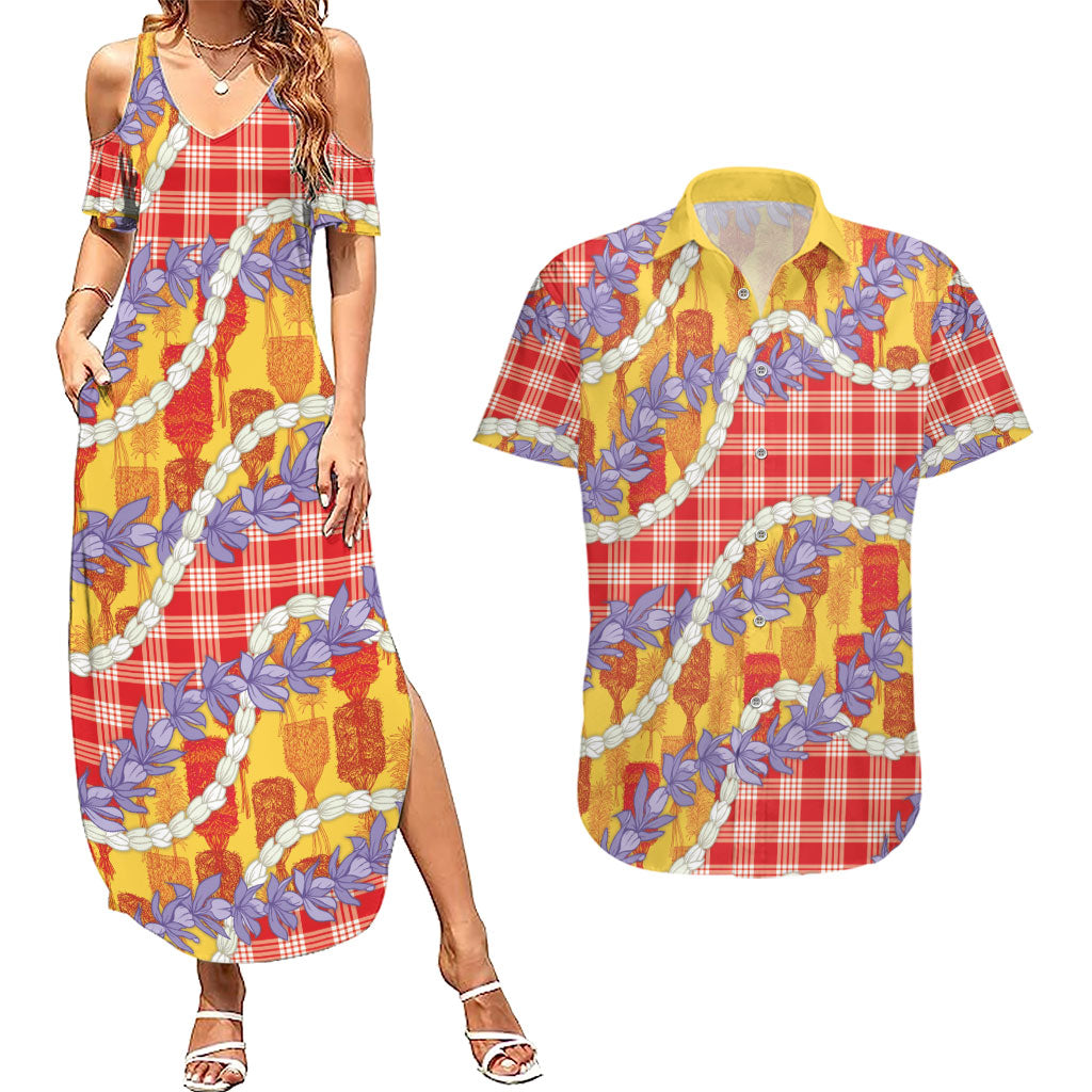 Hawaii Kahili Palaka Motifs Couples Matching Summer Maxi Dress and Hawaiian Shirt Hawaiian Honohono Pikake Lei
