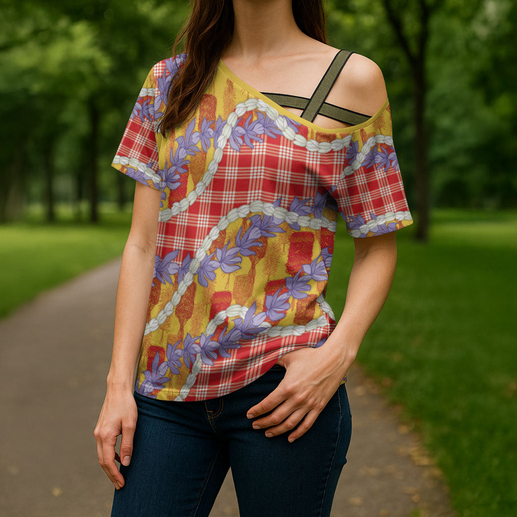Hawaii Kahili Palaka Motifs Cross Shoulder Shirt Hawaiian Honohono Pikake Lei
