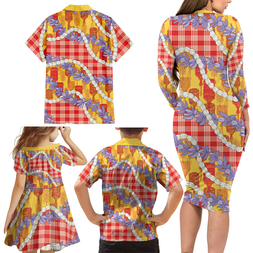 Hawaii Kahili Palaka Motifs Family Matching Long Sleeve Bodycon Dress and Hawaiian Shirt Hawaiian Honohono Pikake Lei LT14 - Polynesian Pride