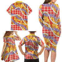 Hawaii Kahili Palaka Motifs Family Matching Long Sleeve Bodycon Dress and Hawaiian Shirt Hawaiian Honohono Pikake Lei LT14 - Polynesian Pride