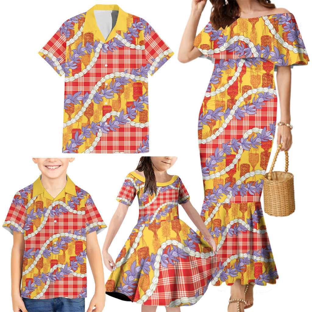 Hawaii Kahili Palaka Motifs Family Matching Mermaid Dress and Hawaiian Shirt Hawaiian Honohono Pikake Lei LT14 - Polynesian Pride