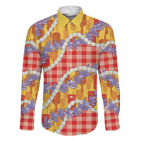 Hawaii Kahili Palaka Motifs Family Matching Mermaid Dress and Hawaiian Shirt Hawaiian Honohono Pikake Lei LT14 Dad's Shirt - Long Sleeve Red - Polynesian Pride