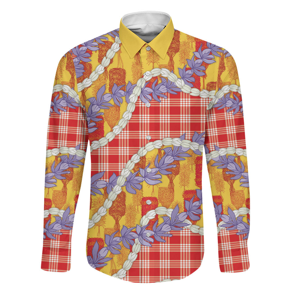 Hawaii Kahili Palaka Motifs Family Matching Off The Shoulder Long Sleeve Dress and Hawaiian Shirt Hawaiian Honohono Pikake Lei LT14 Dad's Shirt - Long Sleeve Red - Polynesian Pride