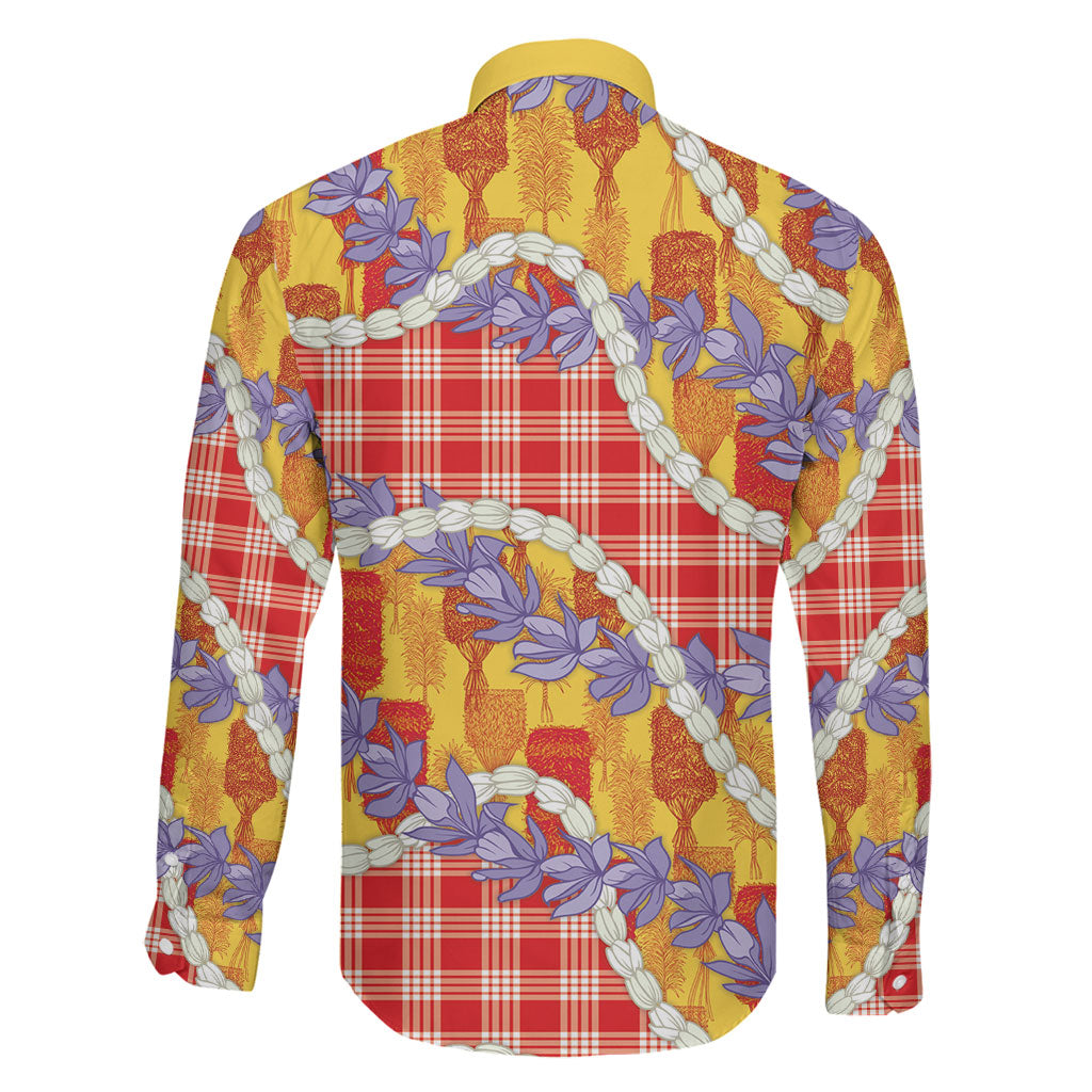 Hawaii Kahili Palaka Motifs Family Matching Off The Shoulder Long Sleeve Dress and Hawaiian Shirt Hawaiian Honohono Pikake Lei LT14 - Polynesian Pride