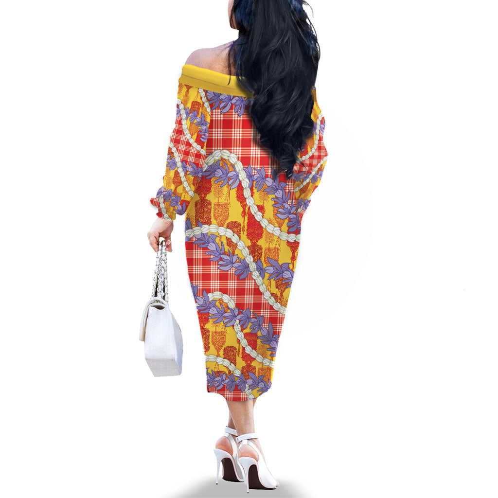 Hawaii Kahili Palaka Motifs Family Matching Off The Shoulder Long Sleeve Dress and Hawaiian Shirt Hawaiian Honohono Pikake Lei LT14 - Polynesian Pride