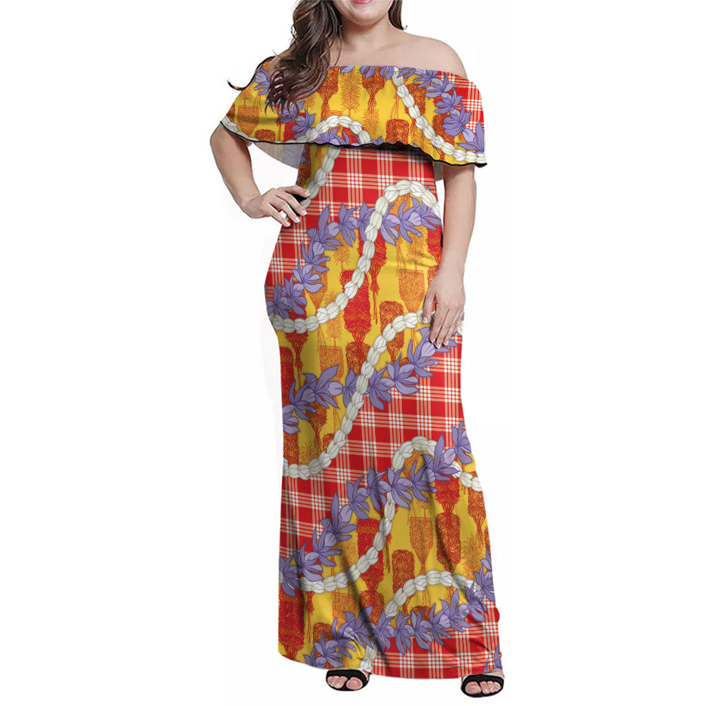 Hawaii Kahili Palaka Motifs Family Matching Off Shoulder Maxi Dress and Hawaiian Shirt Hawaiian Honohono Pikake Lei LT14 Mom's Dress Red - Polynesian Pride