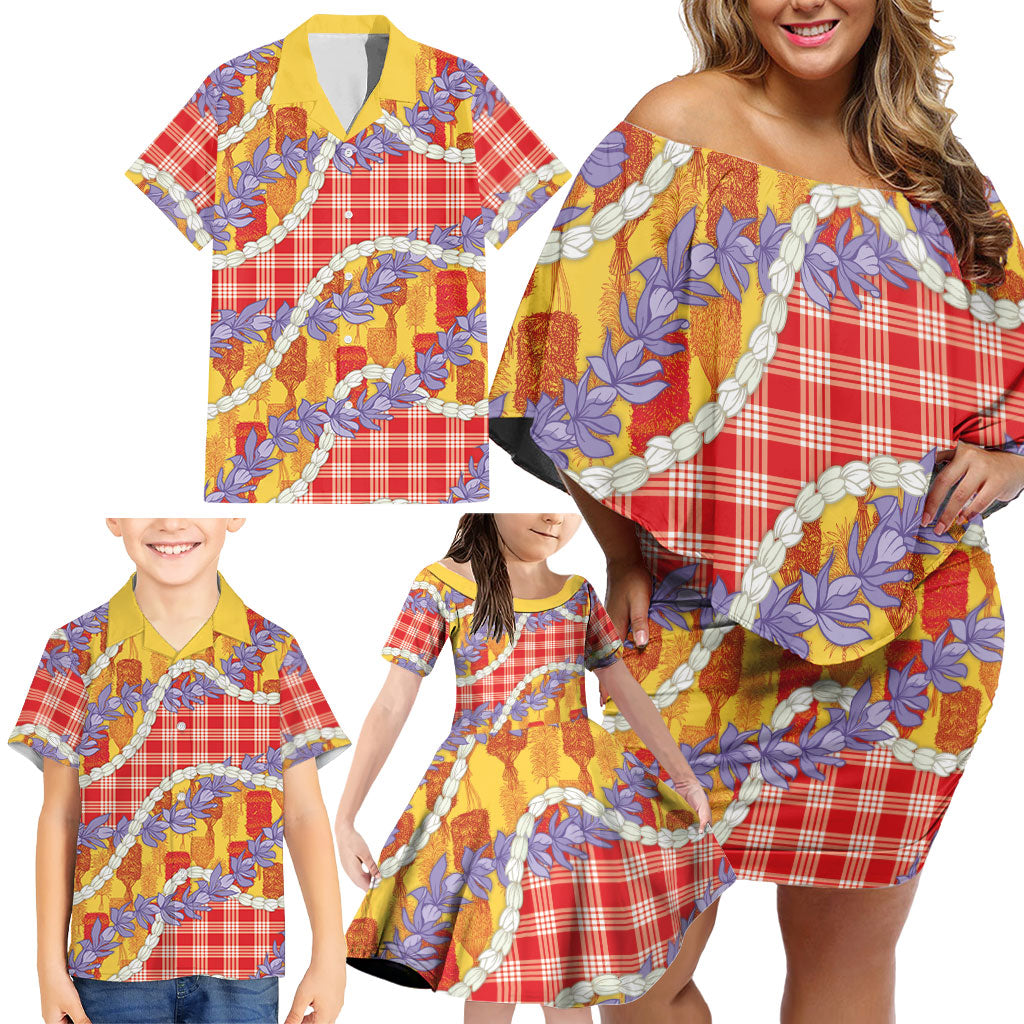 Hawaii Kahili Palaka Motifs Family Matching Off Shoulder Short Dress and Hawaiian Shirt Hawaiian Honohono Pikake Lei LT14 - Polynesian Pride