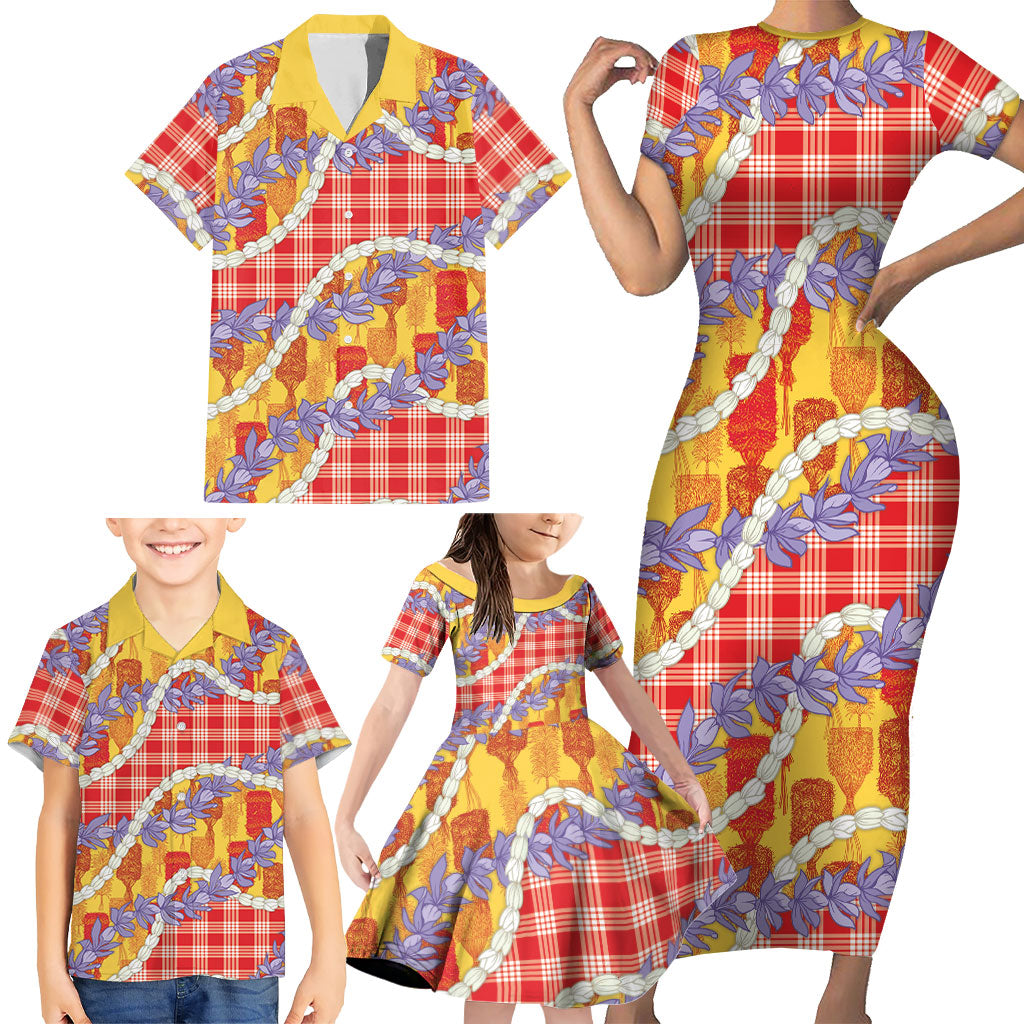 Hawaii Kahili Palaka Motifs Family Matching Short Sleeve Bodycon Dress and Hawaiian Shirt Hawaiian Honohono Pikake Lei LT14 - Polynesian Pride