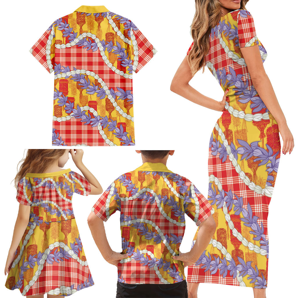 Hawaii Kahili Palaka Motifs Family Matching Short Sleeve Bodycon Dress and Hawaiian Shirt Hawaiian Honohono Pikake Lei LT14 - Polynesian Pride