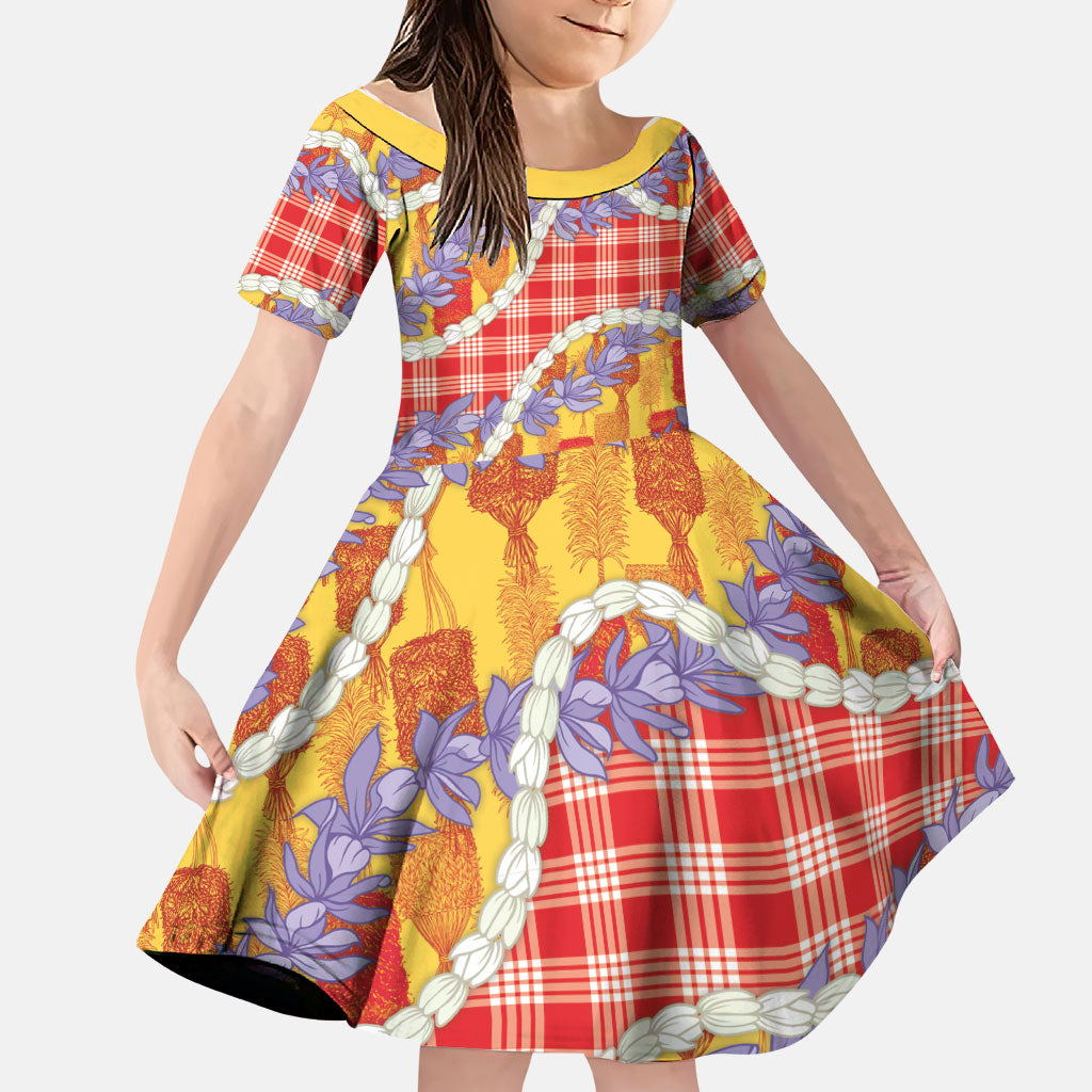 Hawaii Kahili Palaka Motifs Family Matching Summer Maxi Dress and Hawaiian Shirt Hawaiian Honohono Pikake Lei LT14 Daughter's Dress Red - Polynesian Pride