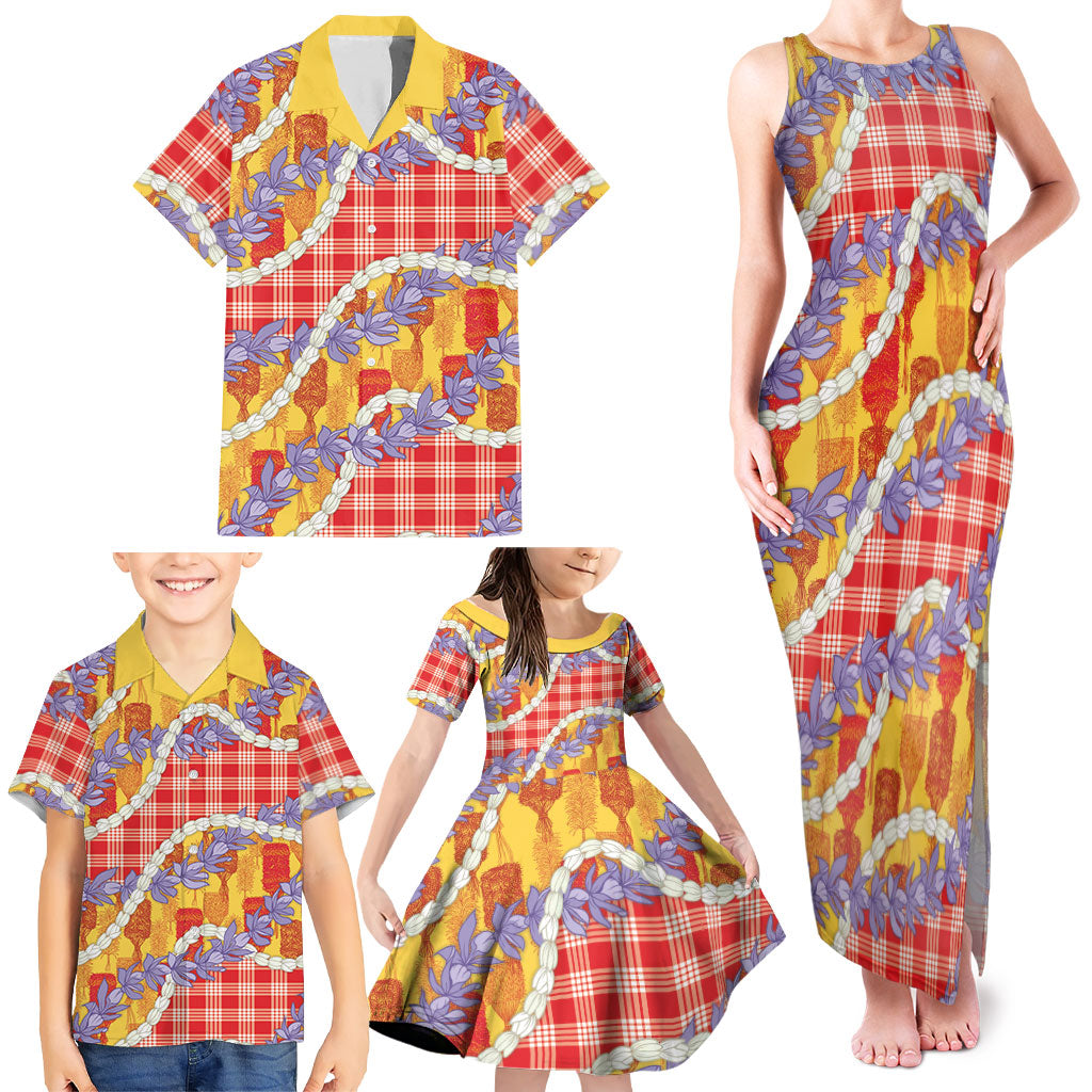 Hawaii Kahili Palaka Motifs Family Matching Tank Maxi Dress and Hawaiian Shirt Hawaiian Honohono Pikake Lei LT14 - Polynesian Pride