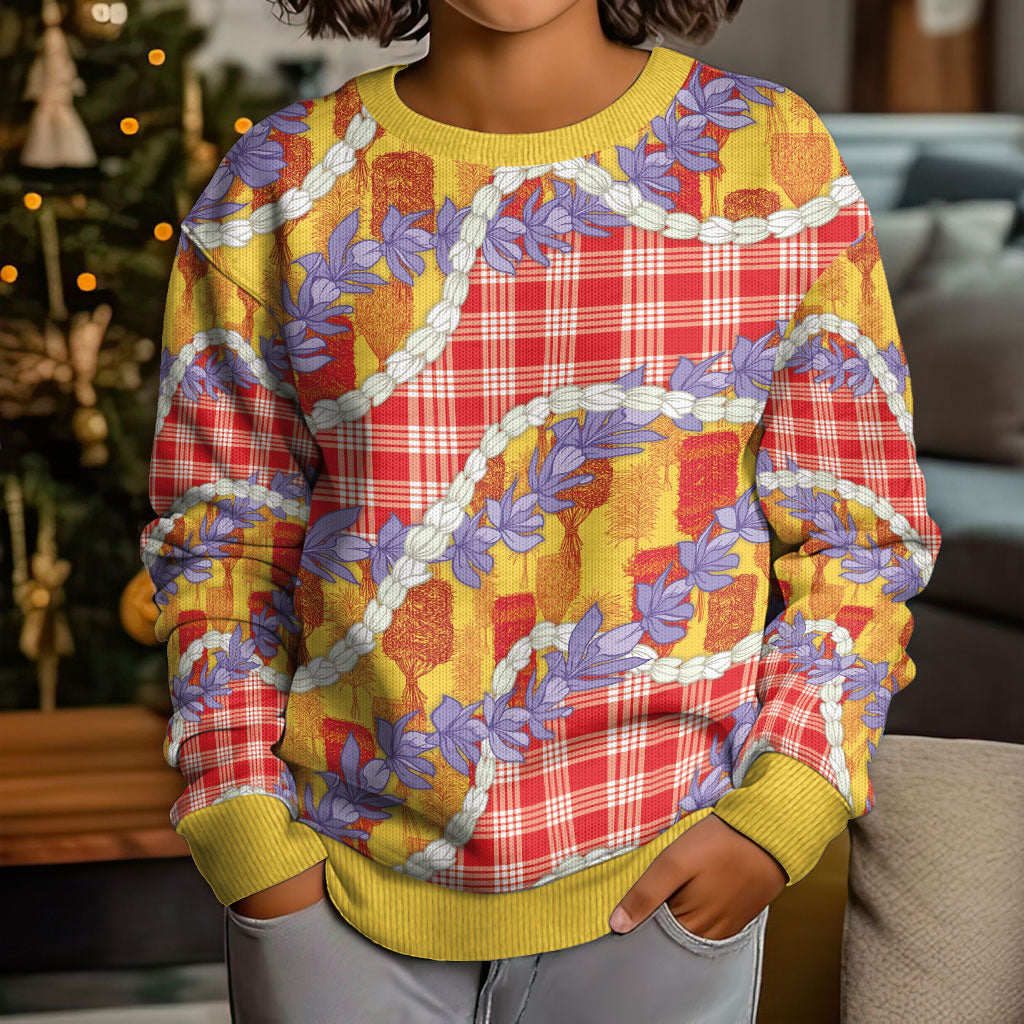 Hawaii Kahili Palaka Motifs Kid Ugly Christmas Sweater Hawaiian Honohono Pikake Lei