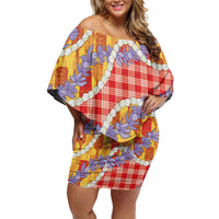 Hawaii Kahili Palaka Motifs Off Shoulder Short Dress Hawaiian Honohono Pikake Lei