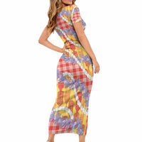 Hawaii Kahili Palaka Motifs Short Sleeve Bodycon Dress Hawaiian Honohono Pikake Lei LT14 - Polynesian Pride