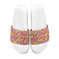 Hawaii Kahili Palaka Motifs Slide Sandals Hawaiian Honohono Pikake Lei