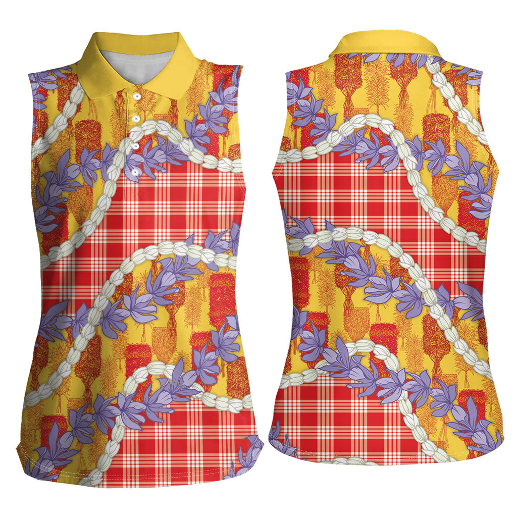 Hawaii Kahili Palaka Motifs Women Sleeveless Polo Shirt Hawaiian Honohono Pikake Lei