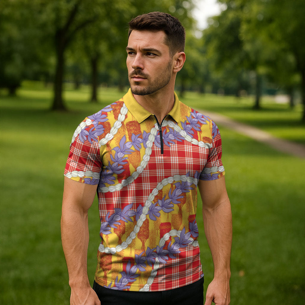 Hawaii Kahili Palaka Motifs Zipper Polo Shirt Hawaiian Honohono Pikake Lei