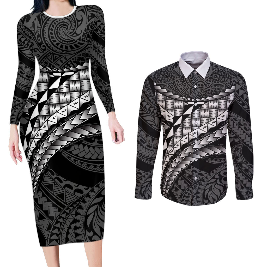 Hawaii Lauhala Tattoo Couples Matching Long Sleeve Bodycon Dress and Long Sleeve Button Shirt Hawaiian Hala Leaf Weaving