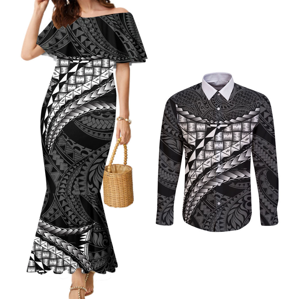 Hawaii Lauhala Tattoo Couples Matching Mermaid Dress and Long Sleeve Button Shirt Hawaiian Hala Leaf Weaving
