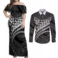 Hawaii Lauhala Tattoo Couples Matching Off Shoulder Maxi Dress and Long Sleeve Button Shirt Hawaiian Hala Leaf Weaving