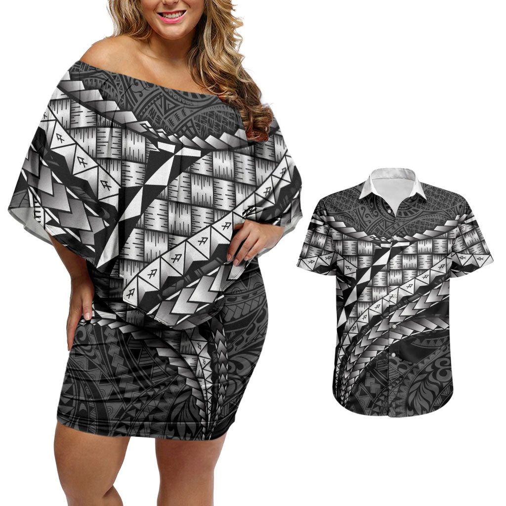 Hawaii Lauhala Tattoo Couples Matching Off Shoulder Short Dress and Hawaiian Shirt Hawaiian Hala Leaf Weaving LT14 Black - Polynesian Pride