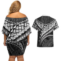 Hawaii Lauhala Tattoo Couples Matching Off Shoulder Short Dress and Hawaiian Shirt Hawaiian Hala Leaf Weaving